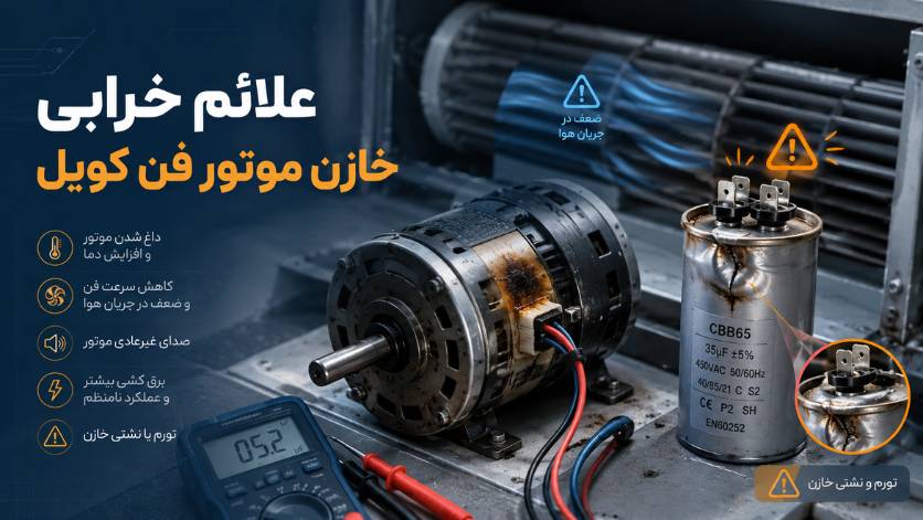 خازن موتور فن کویل چیست؟ علائم خرابی، تست و انتخاب ظرفیت مناسب 3 علائم خرابی خازن موتور فن کویل