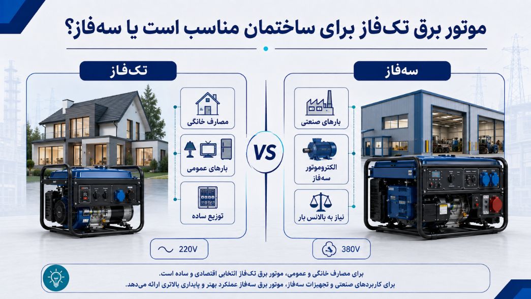 نحوه اتصال موتور برق به برق ساختمان؛ چنجاور، ATS، ارت و جلوگیری از برگشت برق 27 موتور برق تکفاز برای ساختمان مناسب است یا سهفاز؟
